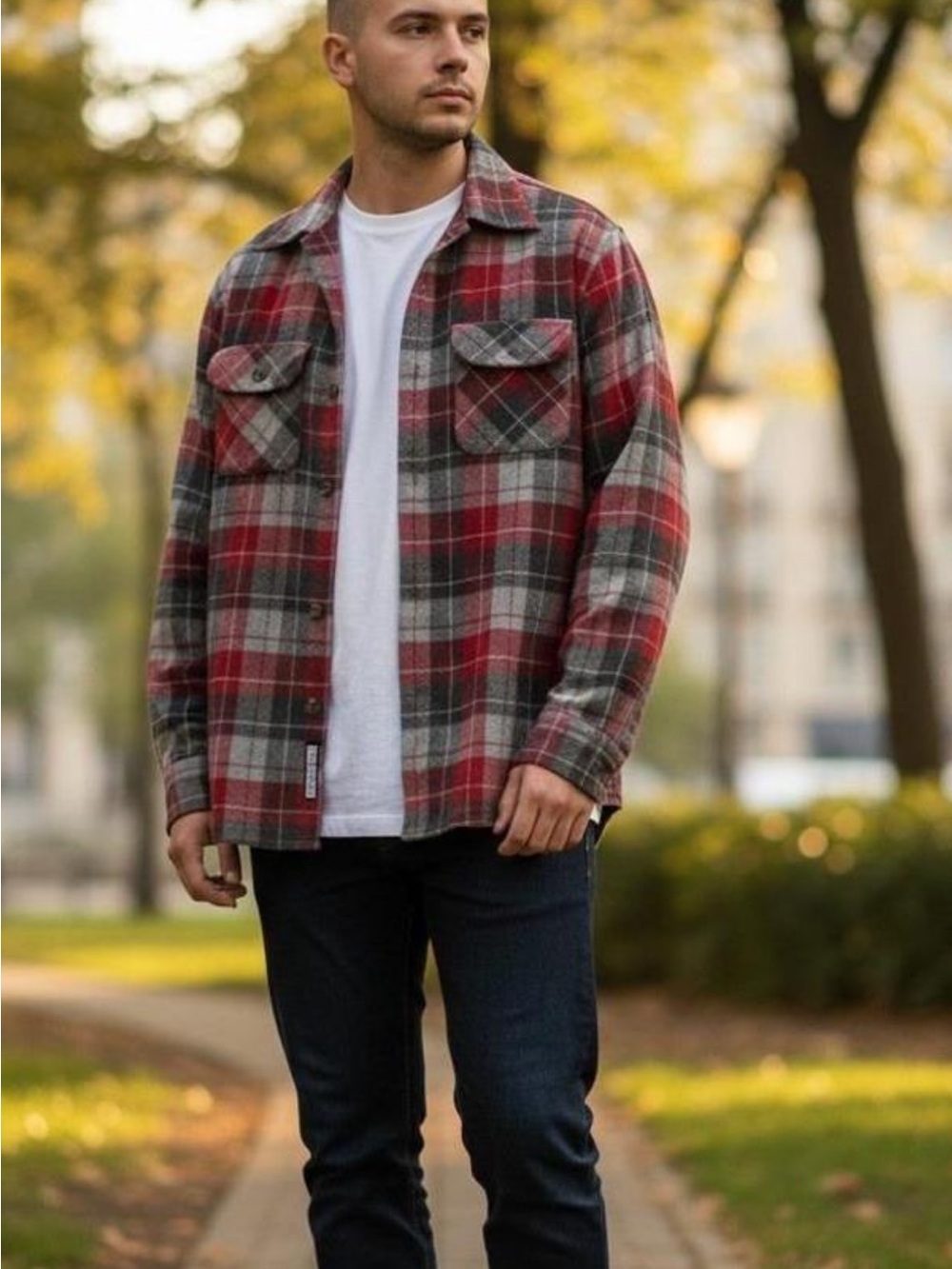 Pendleton Red and Gray Plaid Men's Button-Up Shirt Jacket